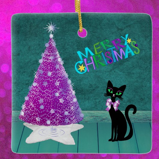  Black Cat Bow by Pink Tree Teal Merry Christmas Keramikornament
