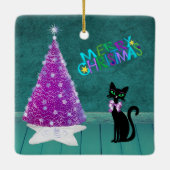 Black Cat Bow by Pink Tree Teal Merry Christmas Keramikornament (Rückseite)