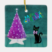 Black Cat Bow by Pink Tree Teal Merry Christmas Keramikornament (Vorderseite)