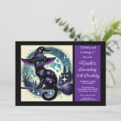 Black Cat Broom Hexenmagie Halloween Geburtstag Einladung (Stehend Vorderseite)