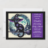 Black Cat Broom Hexenmagie Halloween Kinderdusche Einladung (Vorderseite)