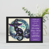 Black Cat Broom Hexenmagie Halloween Kinderdusche Einladung (Stehend Vorderseite)