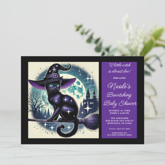 Black Cat Broom Hexenmagie Halloween Kinderdusche Einladung (Stehend Vorderseite)