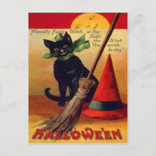 Black Cat Broom Witch's Hat Vollmond Postkarte