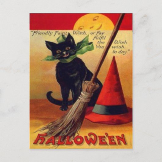 Black Cat Broom Witch's Hat Vollmond Postkarte (Vorderseite)