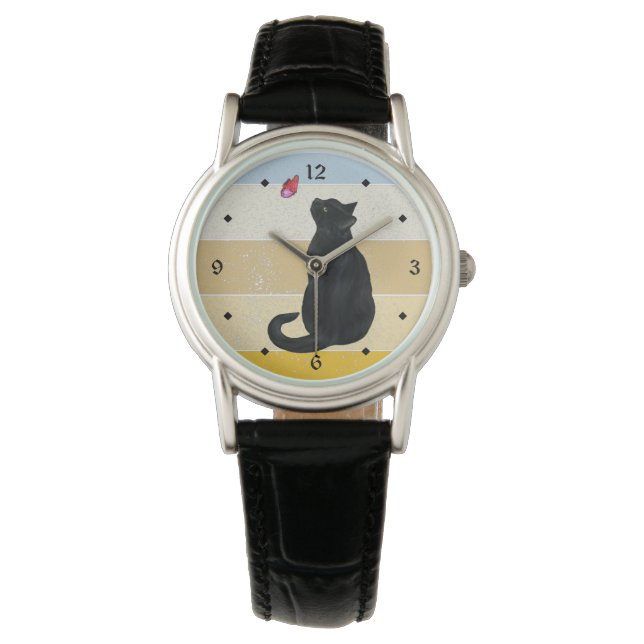 Black Cat Butterfly Retro Sunset Armbanduhr (Vorderseite)