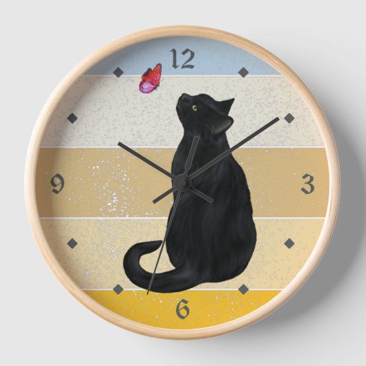 Black Cat Butterfly Retro Sunset Clock Uhr (Vorderseite)