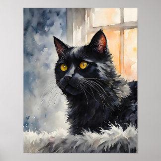 Black Cat by Window Art Print Cozy Feline Wall Art Poster
