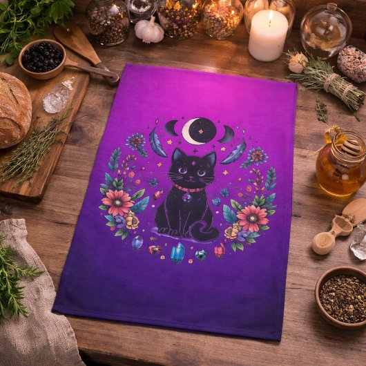 Black Cat Celestial Mystical Purple Pink Geschirrtuch