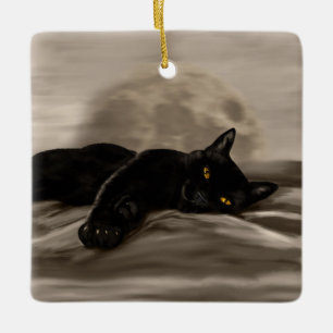 Black Cat Chilling Keramikornament