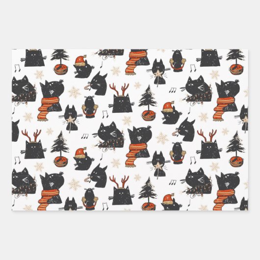Black Cat Christmas 3 Blatt Wrapping Paper Set (Vorderseite)