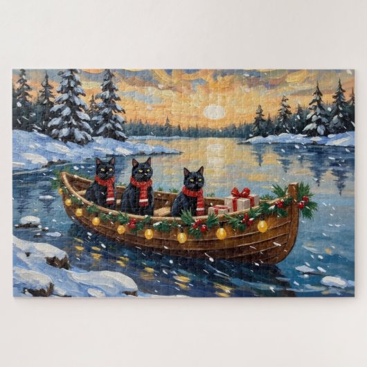 Black Cat Christmas Boat Holiday Puzzle (Horizontal)