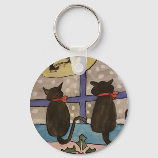 Black Cat Christmas Button Schlüsselanhänger (Vorderseite)
