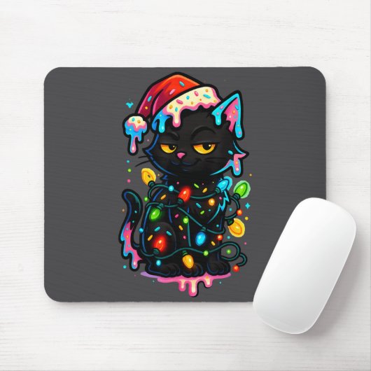 Black Cat Christmas Ice Cream Drip Santa Hat Cute Mousepad (Mit Mouse)