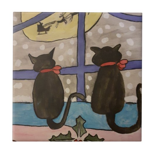 Black Cat Christmas Keramik Tile Fliese (Vorderseite)