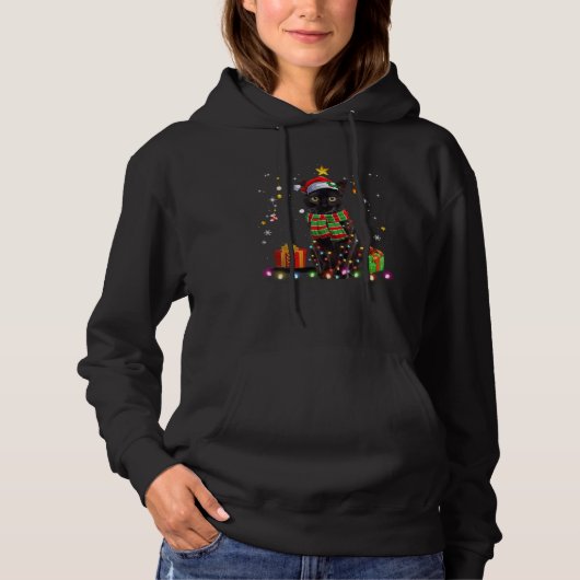 Black Cat christmas light   cat  christmas Hoodie (Vorderseite)
