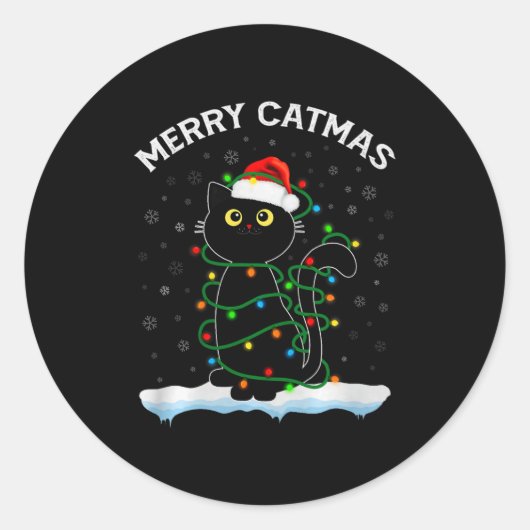 Black Cat Christmas Light Cat Wearing Santa Hat Me Runder Aufkleber (Vorderseite)