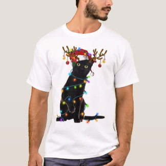 Black Cat Christmas Light Funny Cat Lover Xmas T-Shirt