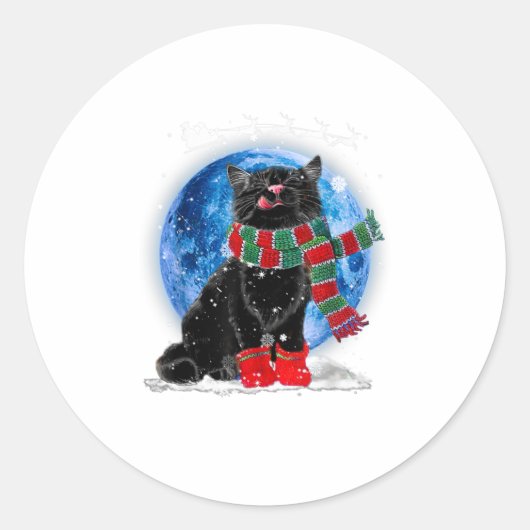 Black Cat Christmas Light Moon Blue Hol Runder Aufkleber (Vorderseite)