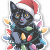 Black Cat Christmas Lights Funny Cat Lover Aufkleber (Vorderseite)