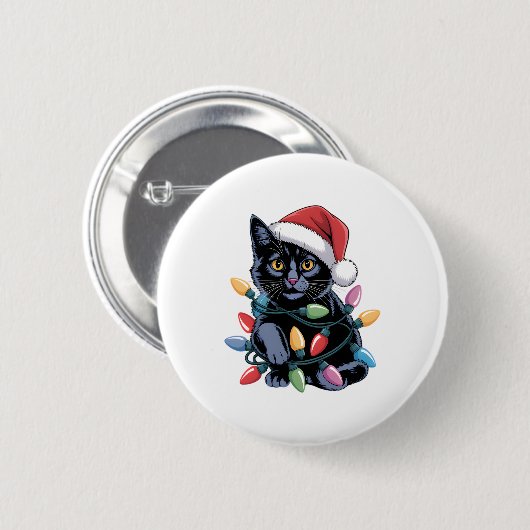 Black Cat Christmas Lights Funny Cat Lover Button (Vorne & Hinten)
