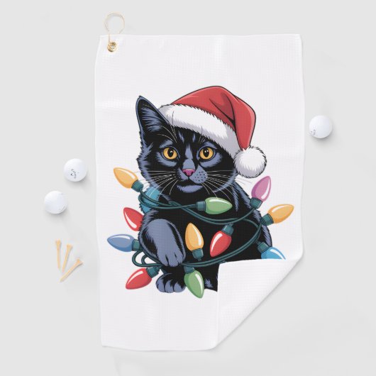 Black Cat Christmas Lights Funny Cat Lover Golfhandtuch (Insitu)