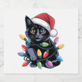 Black Cat Christmas Lights Funny Cat Lover Schaumweinetikett (Einzelnes Label)