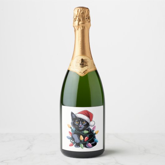 Black Cat Christmas Lights Funny Cat Lover Schaumweinetikett (Vorderseite)