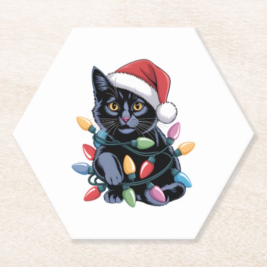 Black Cat Christmas Lights Funny Cat Lover Untersetzer (Vorderseite)
