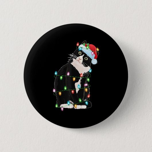 Black Cat Christmas Lights Funny Santa Hat Black C Button (Vorderseite)