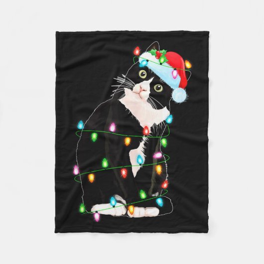 Black Cat Christmas Lights Funny Santa Hat Black C Fleecedecke (Vorderseite)