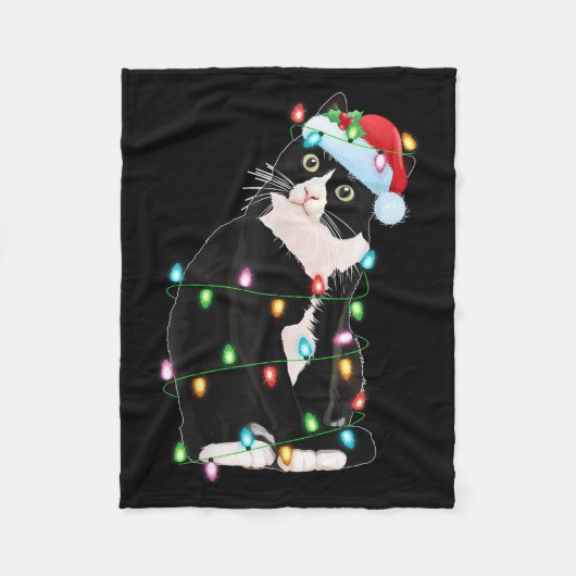 Black Cat Christmas Lights Funny Santa Hat Black C Fleecedecke (Vorderseite)