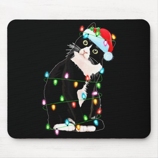 Black Cat Christmas Lights Funny Santa Hat Black C Mousepad (Vorne)
