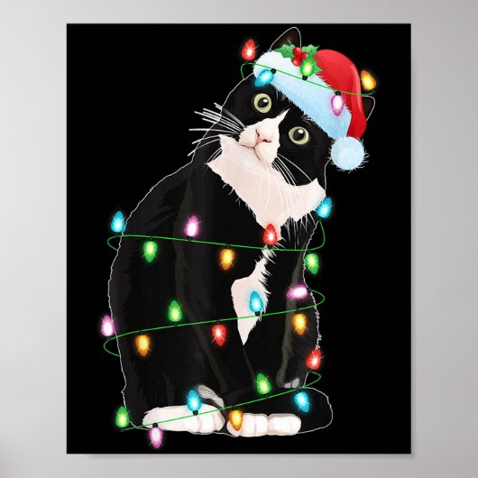 Black Cat Christmas Lights Funny Santa Hat Black C Poster (Vorne)