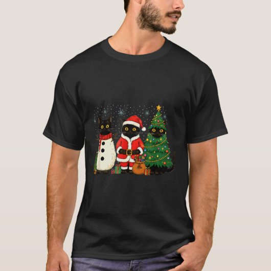 Black Cat Christmas Lights Reindeer Santa Meowy Ca T-Shirt (Vorderseite)