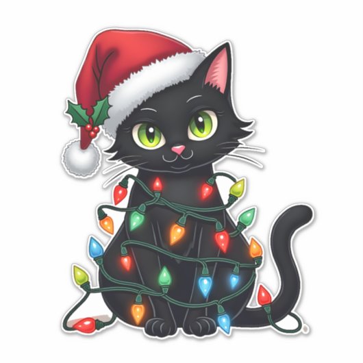 Black Cat Christmas Lights Santa Hat Funny Xmas Ca Aufkleber (Vorderseite)