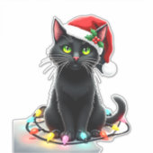 Black Cat Christmas Lights Santa Hat Funny Xmas Ca Aufkleber (Vorderseite)