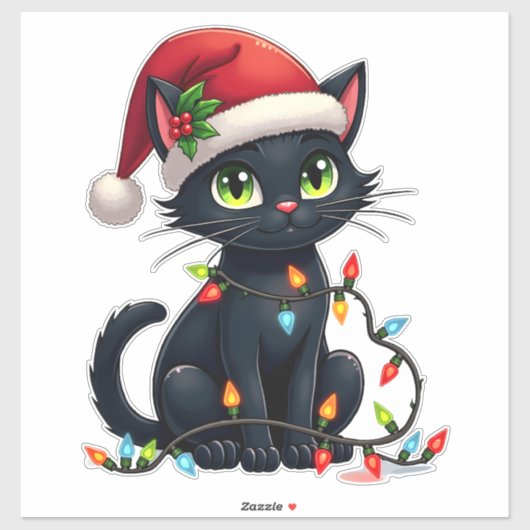 Black Cat Christmas Lights Santa Hat Funny Xmas Ca Aufkleber (Blatt)