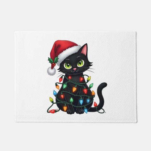 Black Cat Christmas Lights Santa Hat Funny Xmas Ca Fußmatte (Vorderseite)