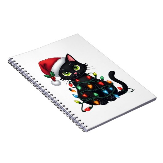 Black Cat Christmas Lights Santa Hat Funny Xmas Ca Notizblock (Rechte Seite)