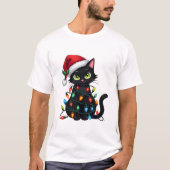 Black Cat Christmas Lights Santa Hat Funny Xmas Ca T-Shirt (Vorderseite)