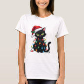 Black Cat Christmas Lights Santa Hat Funny Xmas Ca T-Shirt (Vorderseite)