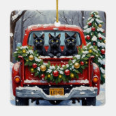 Black Cat Christmas Red Truck Holiday Keramikornament (Rückseite)