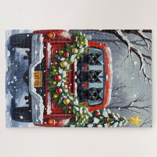 Black Cat Christmas Red Truck Holiday Puzzle (Horizontal)
