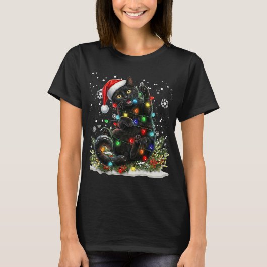 Black Cat Christmas Santa Hat Funny Meowy Catmas T-Shirt (Vorderseite)