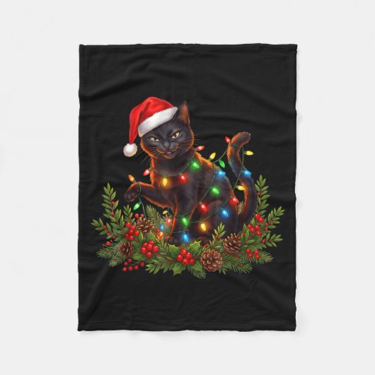 Black Cat Christmas Santa Hat Funny Meowy Cats Wom Fleecedecke (Vorderseite)