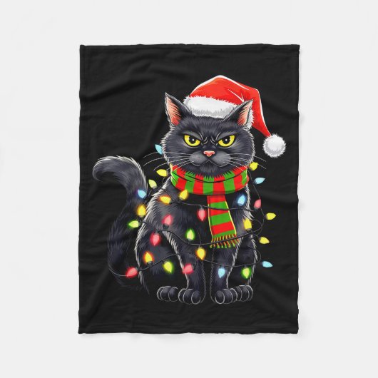 Black Cat Christmas Santa Hat Funny Meowy Cats Wom Fleecedecke (Vorderseite)