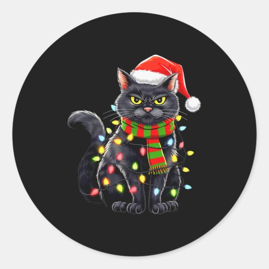Black Cat Christmas Santa Hat Funny Meowy Cats Wom Runder Aufkleber (Vorderseite)