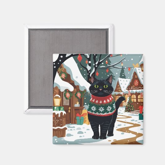 Black Cat Christmas Snow Holiday Magnet (Vorderseite/Rückseite)