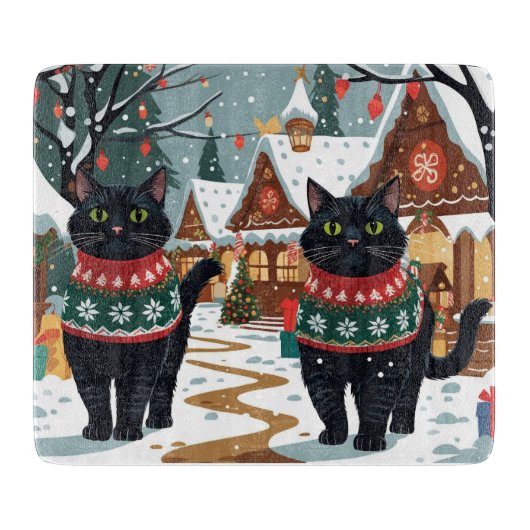 Black Cat Christmas Snow Holiday Schneidebrett (Vorderseite)